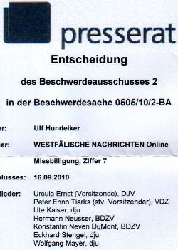 Mibilligung des Presserats an die Westflischen Nachrichten