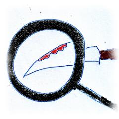 Blutiges Messer wird mit dem Sherlock Holmes seiner Lupe untersucht.