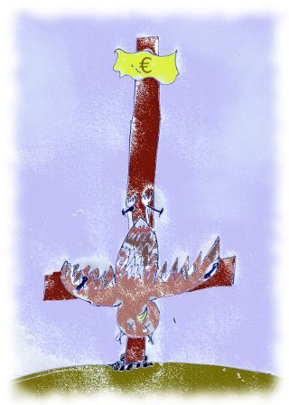 Gekreuzigte Athen-Eule wegen Euro statt Inri.