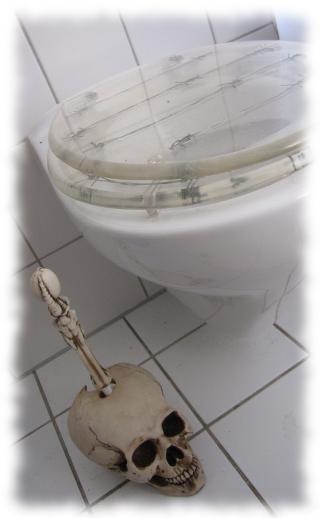 Schdel als Klobrstenstnder, Klobrille mit Stacheldraht.