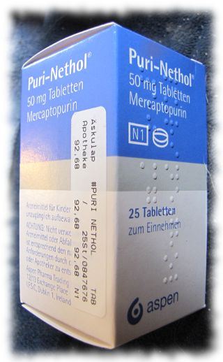 Packung mit Mercaptopurin gegen Leukmie.