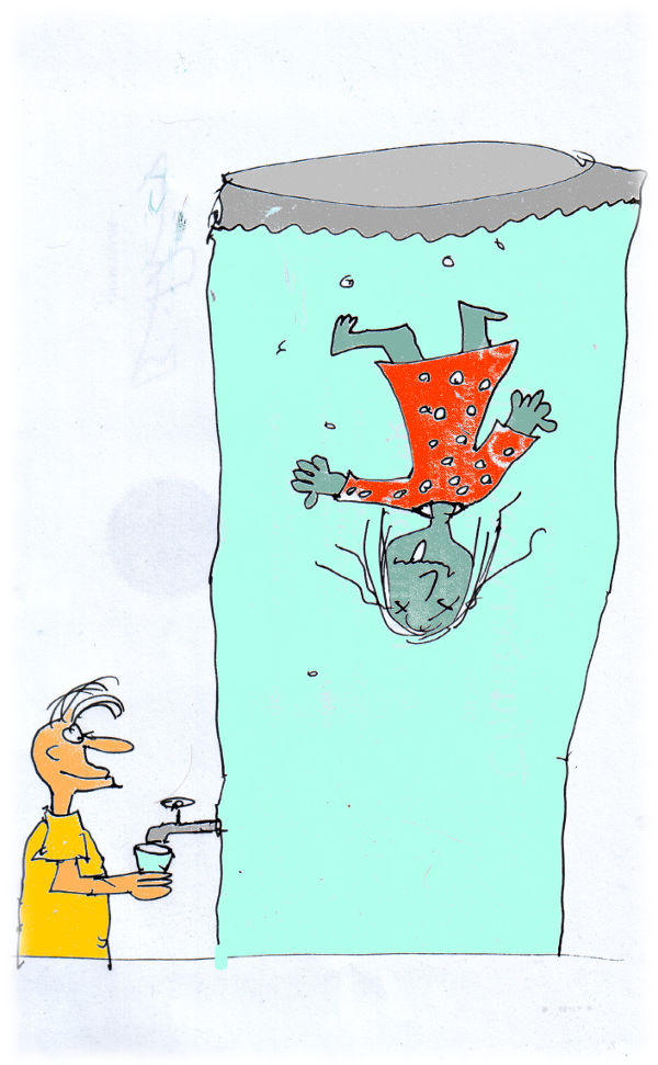 Zeichnung: Im Wassertank schwimmende Leiche.