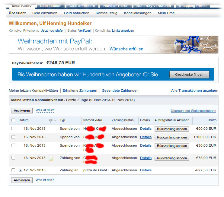 Screenshot der PayPal-Kontoseite.
