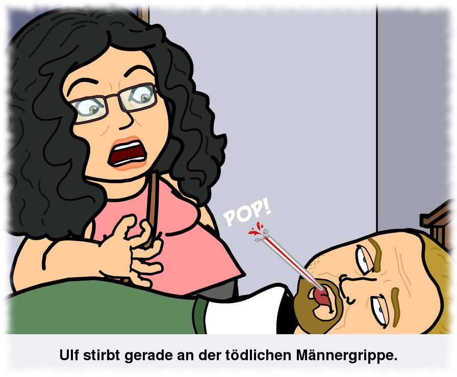 Cartoon- Ulf liegt mit verdrehten Augen im Bett whrend seine Gattin entsetzt aufs platzende Thermometer schaut.