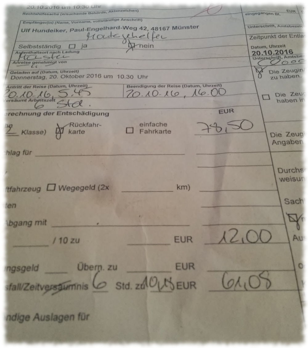 Abrechnungsschein vom Gericht.