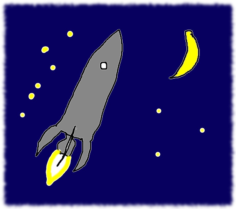 Schrecklich miserabel gemalte Rakete in schrecklich miserabel gemaltem Sternenhimmel.