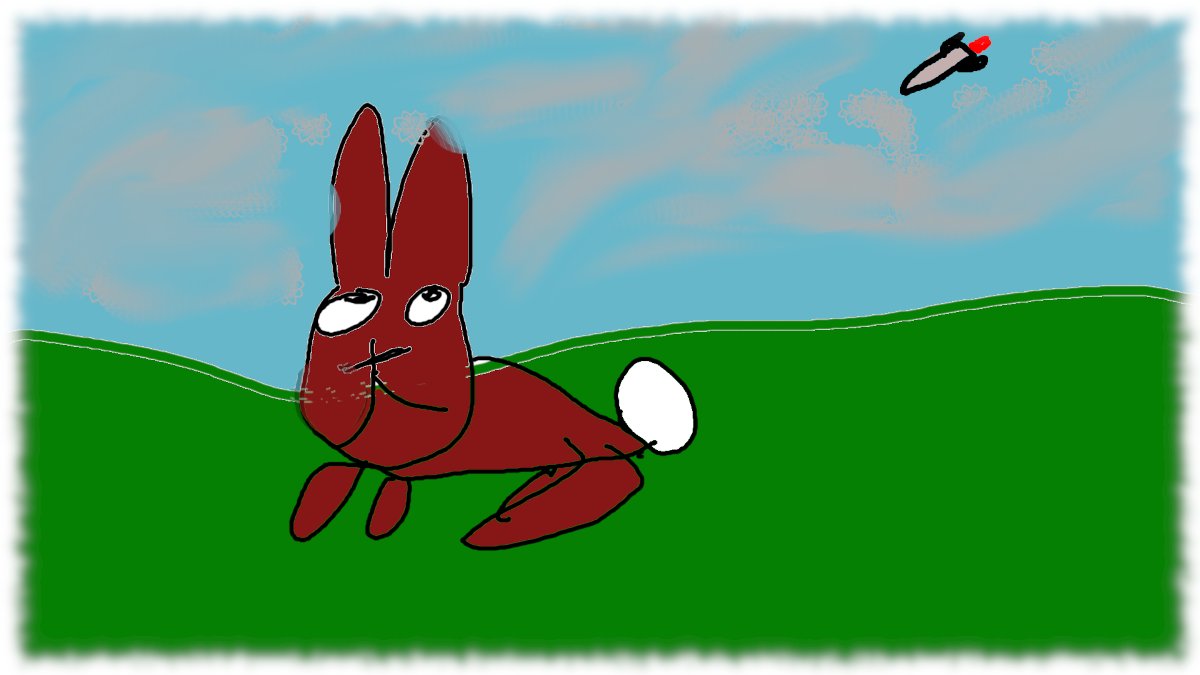 Hase, der die Augen verdreht, auf gr�ner Wiese. Grau bew�lkter Himmel, �ber den eine Rakete fliegt.
