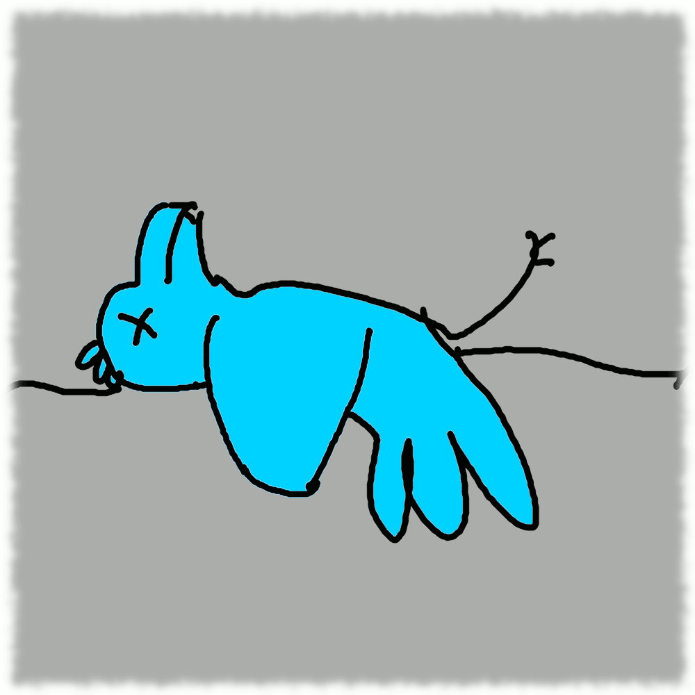 Zeichnung eines auf dem Rücken liegenden toten blauen Vogels
