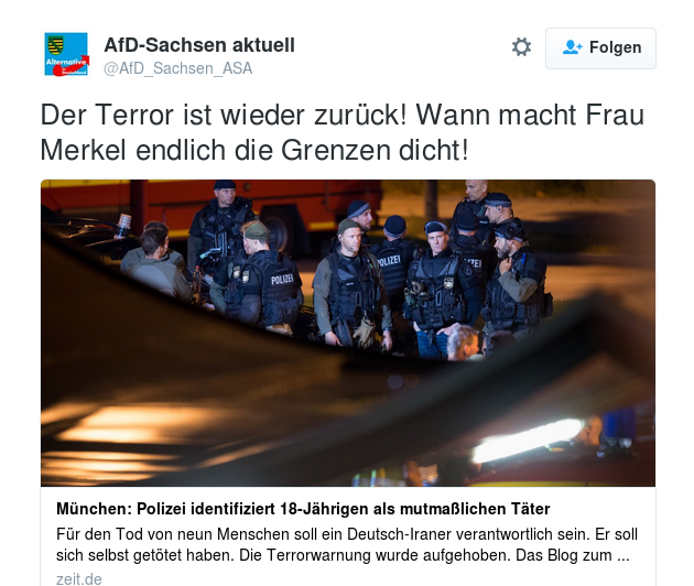 AfD Sachsen: Der Terror ist wieder zurck! Wann macht Frau Merkel endlich die Grenzen dicht!