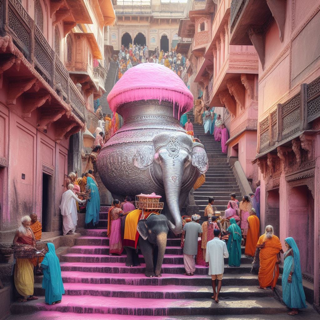 Indisch aussehendes Stadtbild mit Häusern seitlich und am Ande der Straße, welche eine Treppe ist. In deren Mitte steht eine Art Kreuzung aus Elefant und riesigem Metallkrug, aus welchem rosafarbener schleim überläuft. Vor diesem steht ein kleiner Elefant mit einem eckigen Gefäß auf dem Rücken, ebenfalls mit rosafarbenem Schleim. Ebensolcher Schleim läuft die Treppe runter. Auf der Treppe stehen und gehen Inder.  Übrigens gehen die Elefanten treppab.