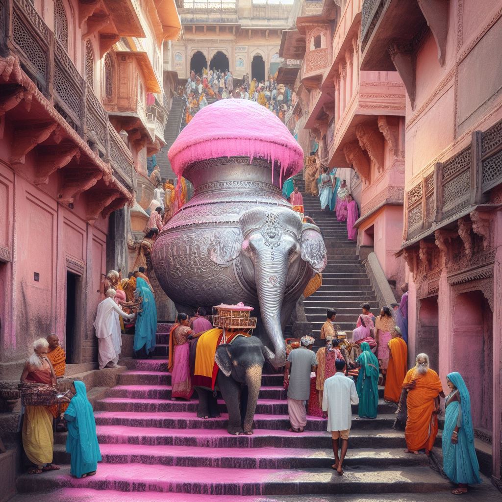Indisch aussehendes Stadtbild mit Husern seitlich und am Ande der Strae, welche eine Treppe ist. In deren Mitte steht eine Art Kreuzung aus Elefant und riesigem Metallkrug, aus welchem rosafarbener schleim berluft. Vor diesem steht ein kleiner Elefant mit einem eckigen Gef auf dem Rcken, ebenfalls mit rosafarbenem Schleim. Ebensolcher Schleim luft die Treppe runter. Auf der Treppe stehen und gehen Inder.  brigens gehen die Elefanten treppab.
